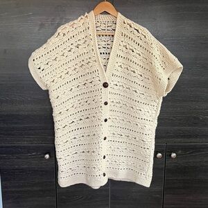 Handmade Oversized Crocheted Wool Cream Vest with Vintage Buttons XL-XXL